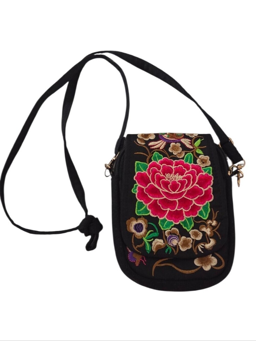 Black Embroidered Floral Crossbody Bag Removable Strap Belt Bag